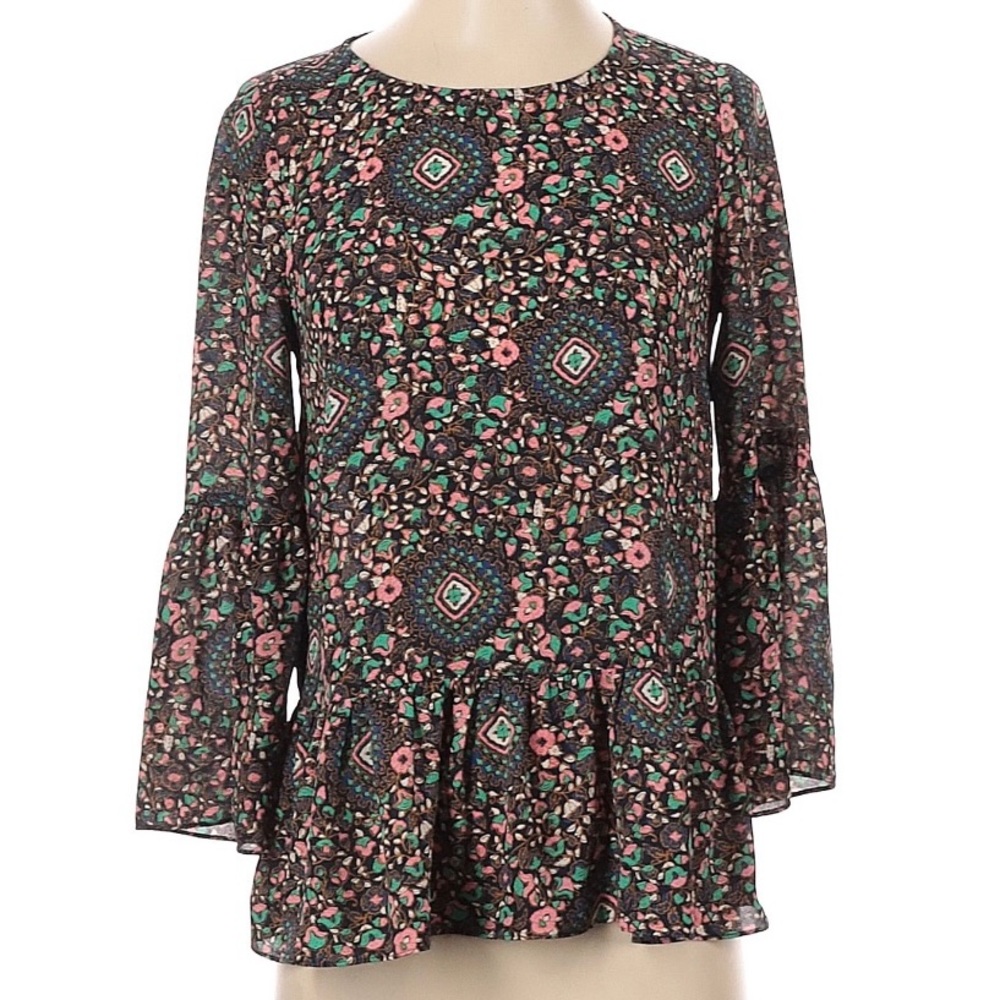 J.Crew Navy Blue Pink Floral 3/4 Bell Sleeve Peplum Blouse Size Large